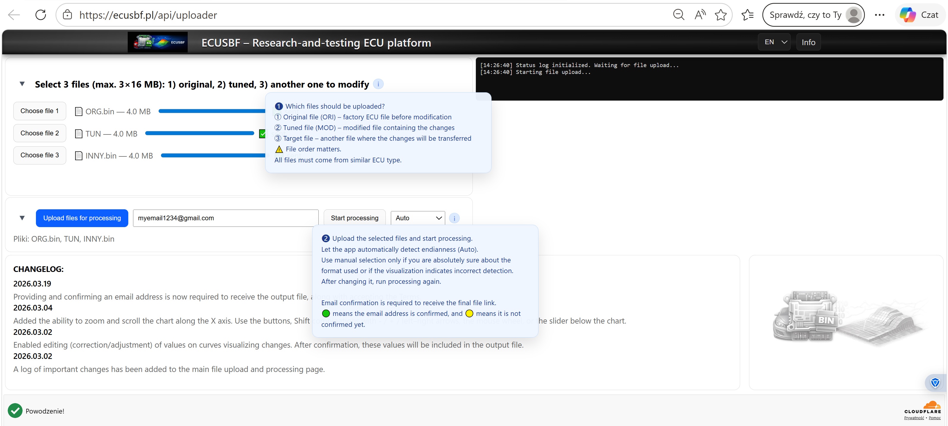 ECUSBF – selecting three ECU BIN files and starting processing