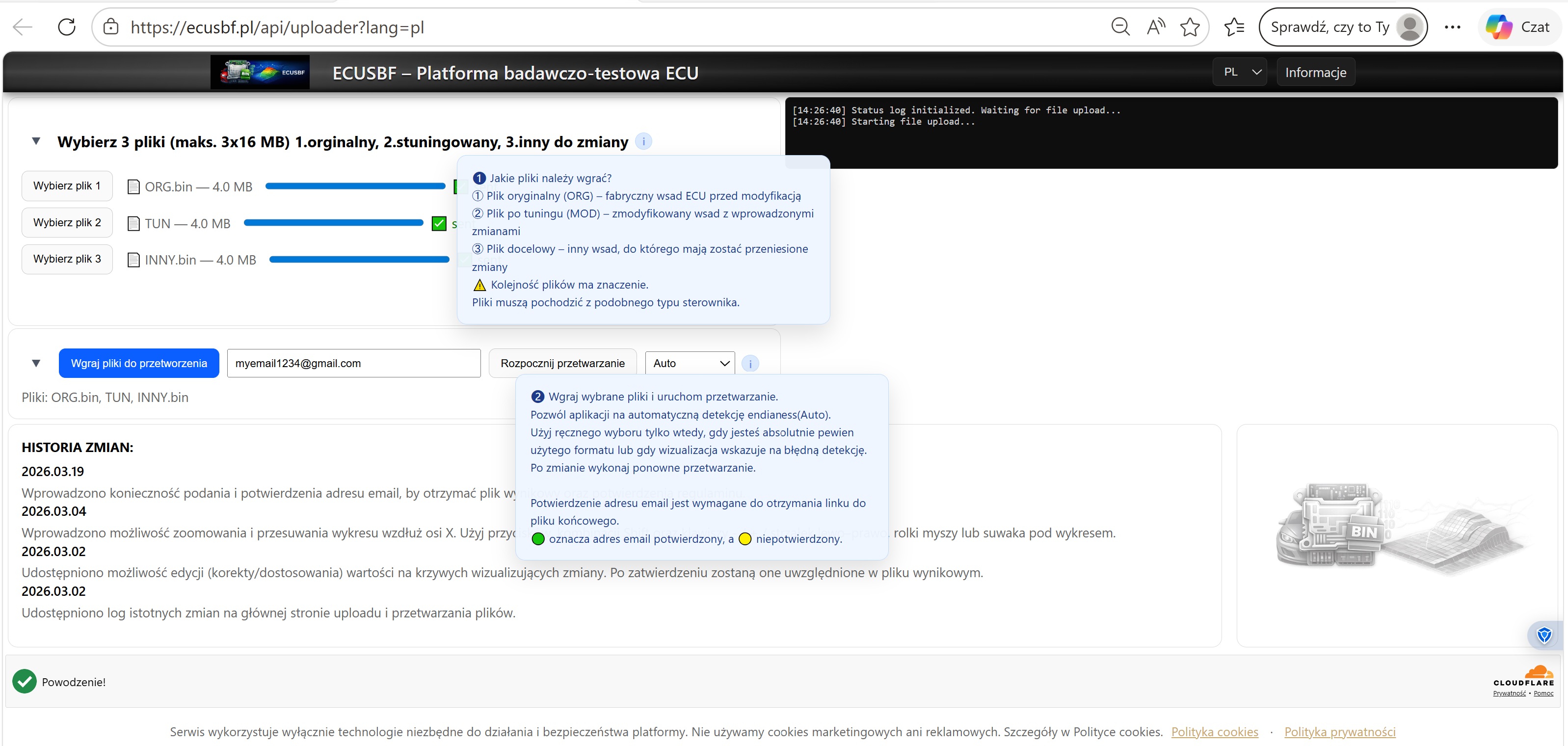 ECUSBF – wybór trzech plików BIN ECU i start przetwarzania