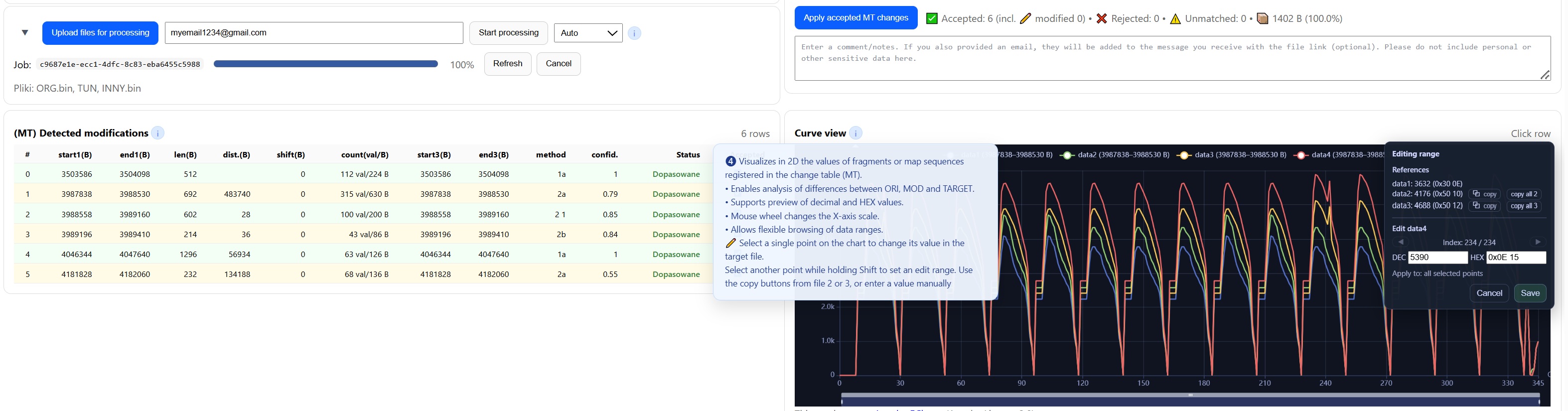 ECUSBF – editing selected chart points and value panel