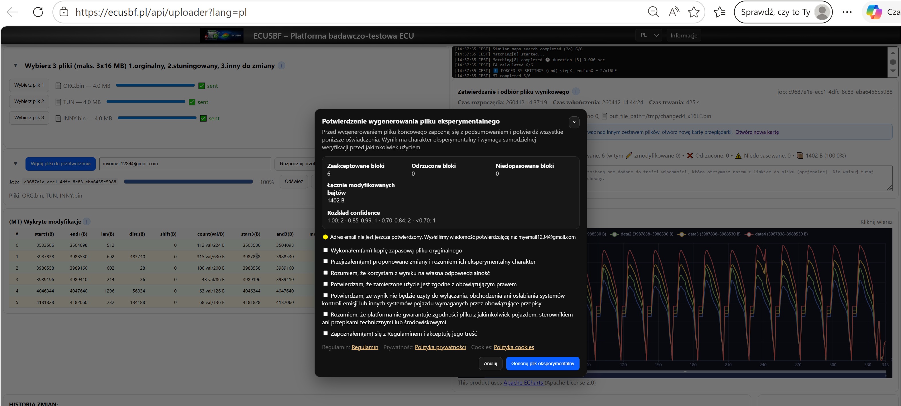ECUSBF – popup końcowego potwierdzenia eksperymentalnego pliku wynikowego